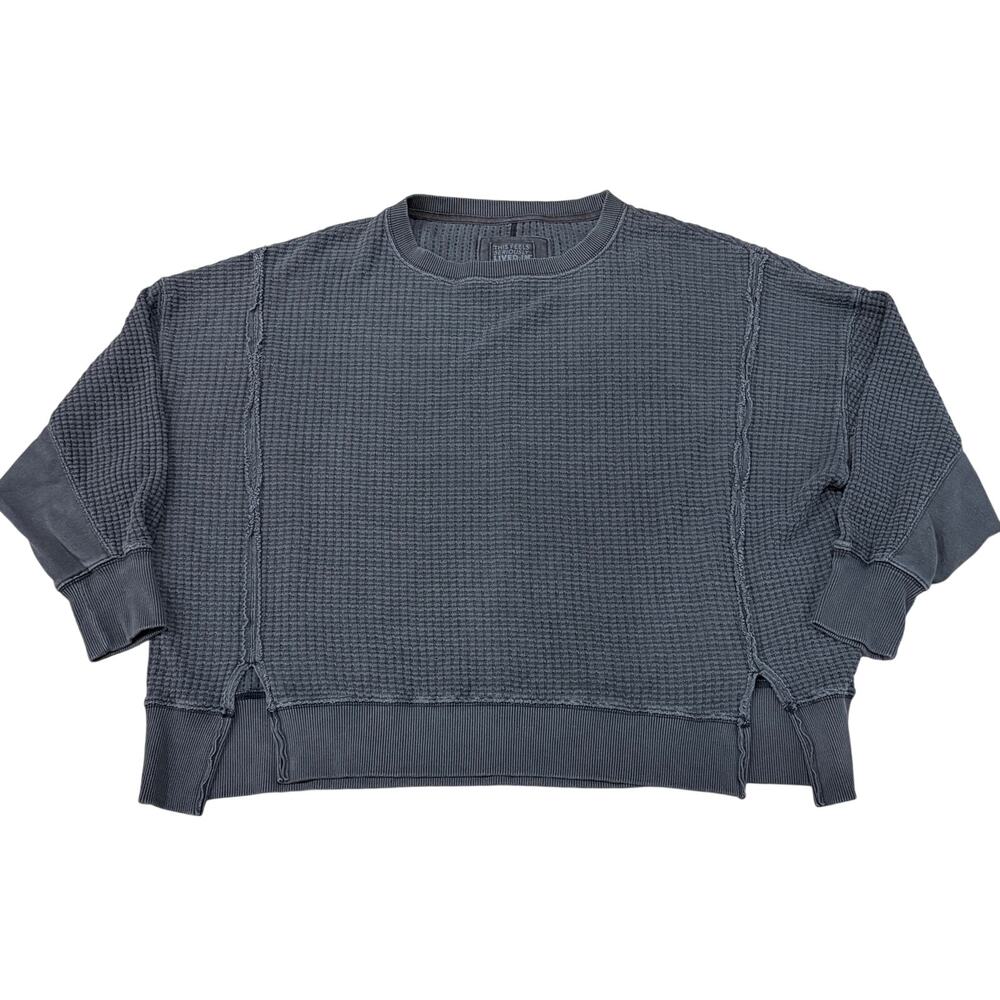 American Eagle This Feels Lived In Waffle Knit Oversized Sweatshirt Gray Medium